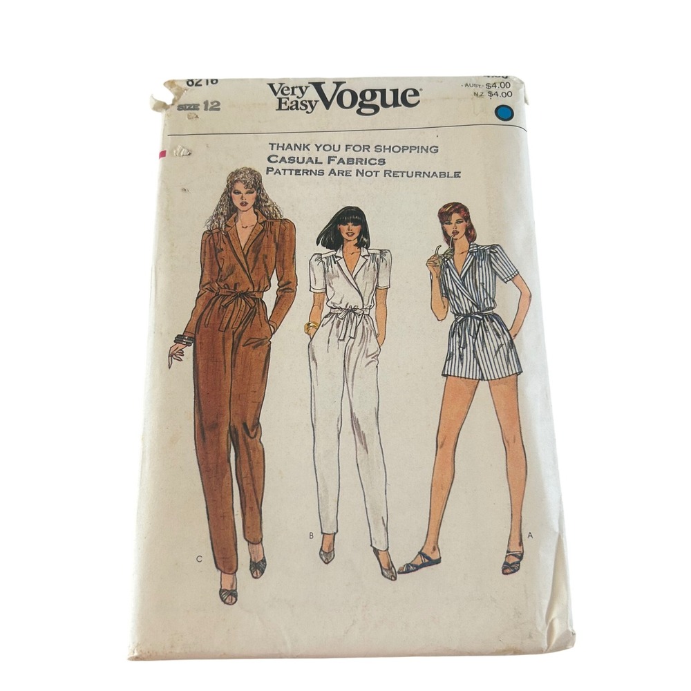 Vogue Sewing Pattern 8216 Misses Jumpsuit Romper Size 12 Multi-Style 80s Vintage